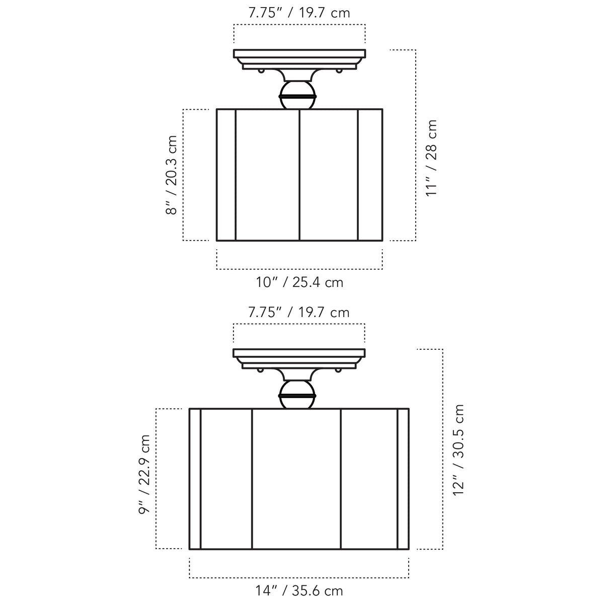 Cedar & Moss Oxford Surface with 10" or 14" scalloped linen shades drawing with dimensions