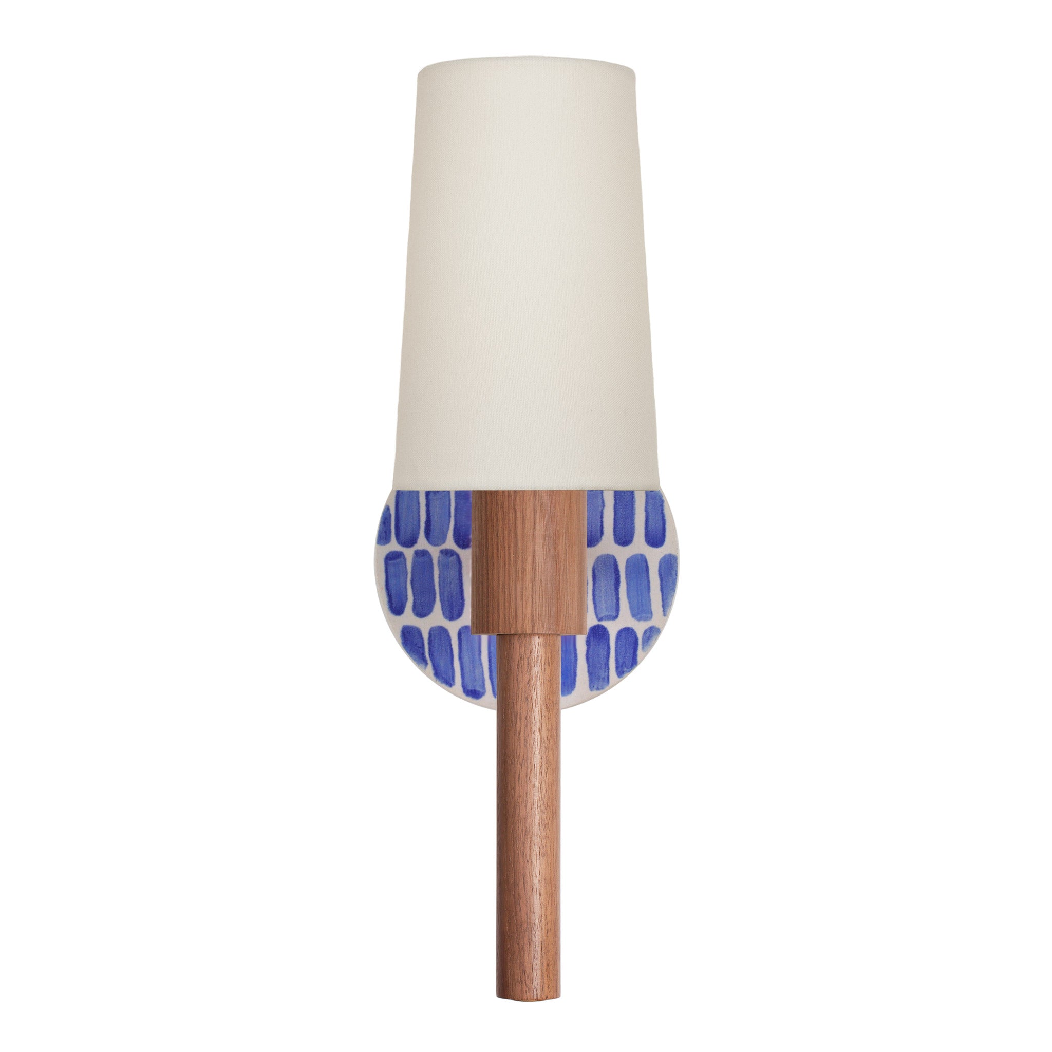 Parker Linen shown in Walnut with a Blue Dot Stripe Ceramic