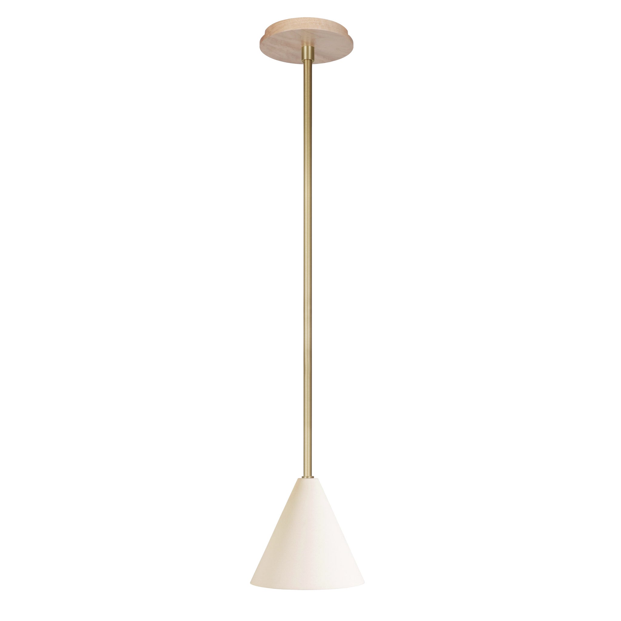 Petra Ceramic Pendant shown in Brass with a Maple Wood canopy