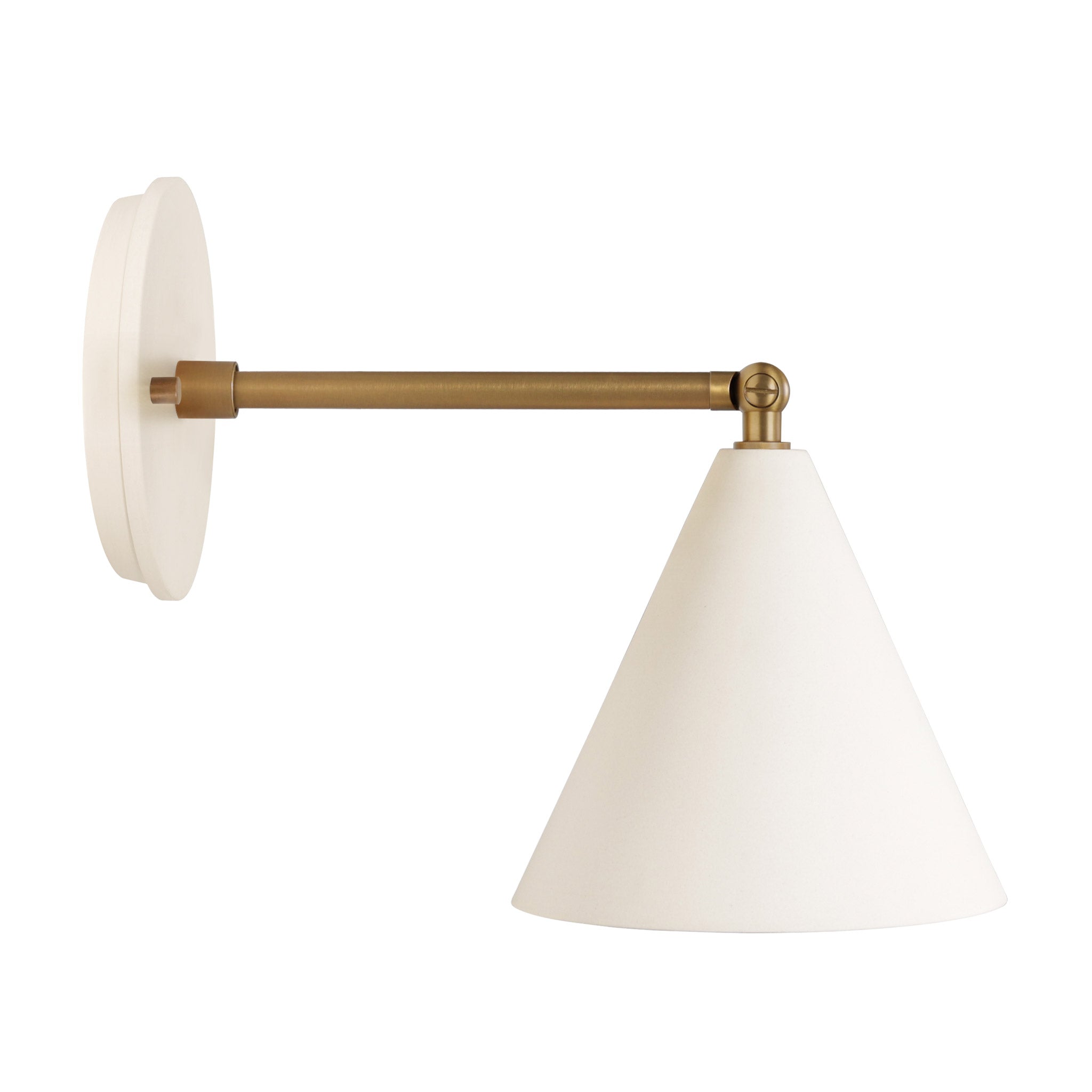 Petra Ceramic Sconce shown in Heirloom Brass with a 6" rod and Bone Ceramic canopy