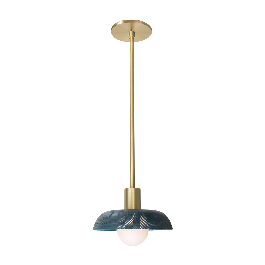 Sally Pendant shown with an Ocean Blue perforated shade and Brass fixture finish.