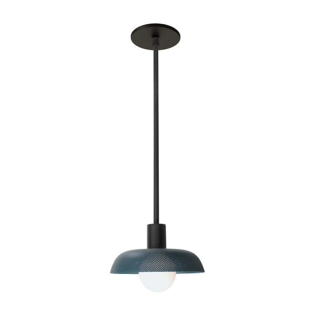 Sally Pendant shown with an Ocean Blue perforated shade and Matte Black fixture finish.