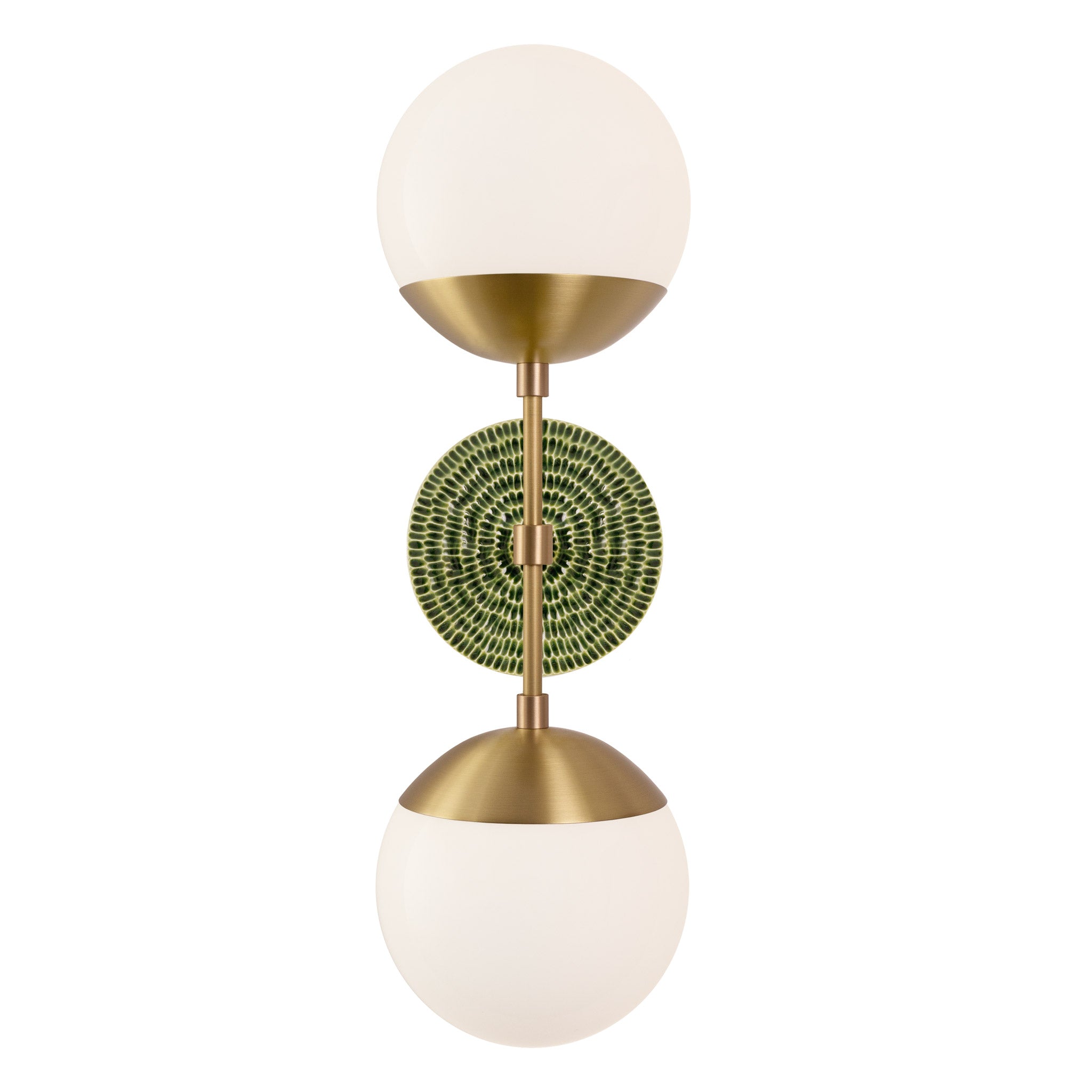 Theo shown in Heirloom Brass with a Forest Green Sunflower Ceramic Canopy