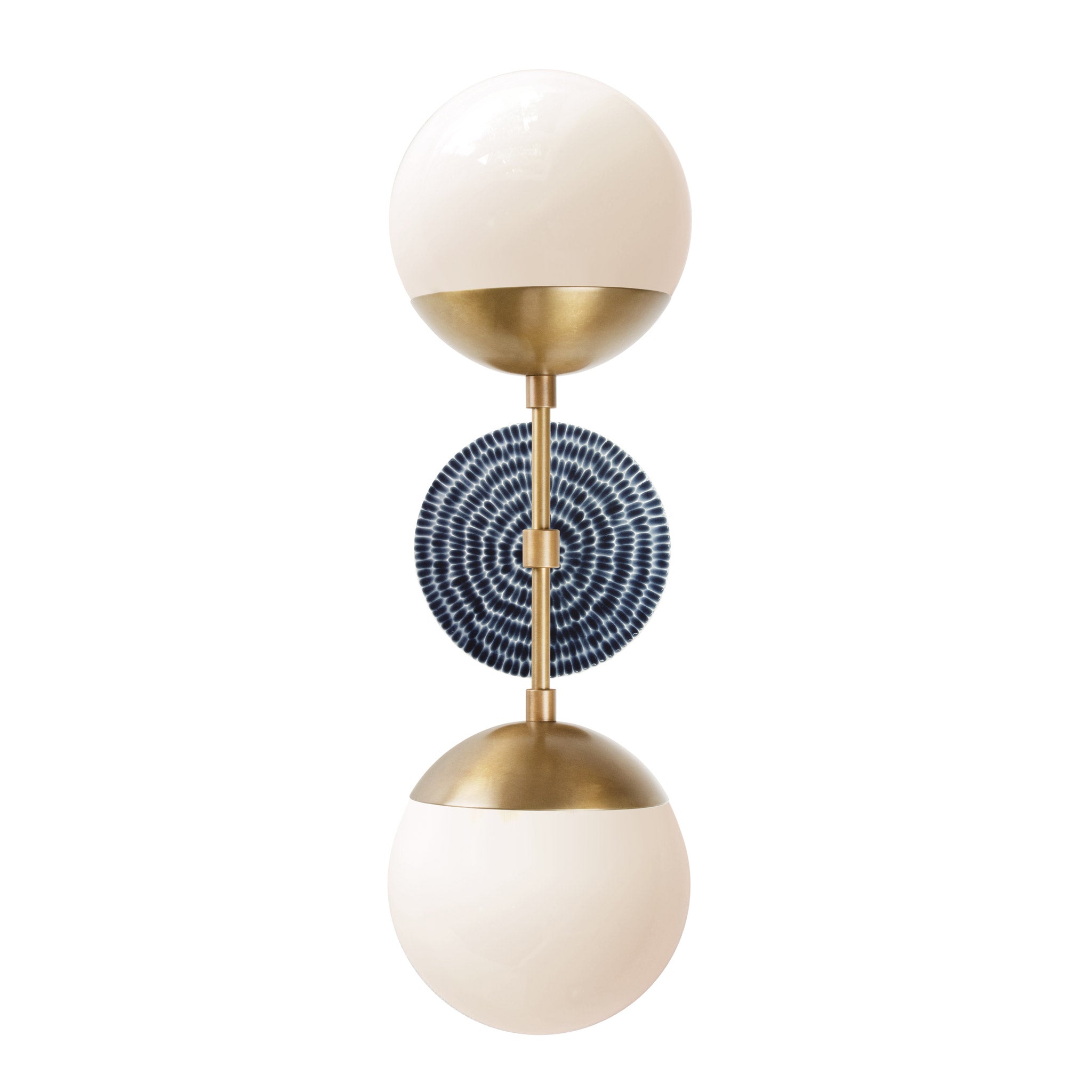 Theo 6" with Ceramic Canopy shown in Heirloom Brass with an Indigo Blue Sunflower pattern canopy