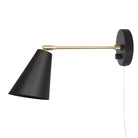 Tilt Cone shown in Matte Black and Brass with a 9" arm, Black Dimmer Switch and White Cord
