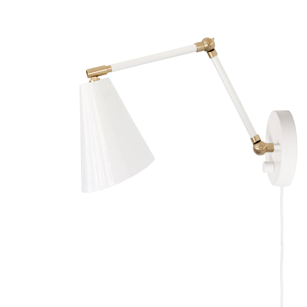 Tilt Cone Double Articulated shown in White and Brass with a Backplate Dimmer Switch and White Cord