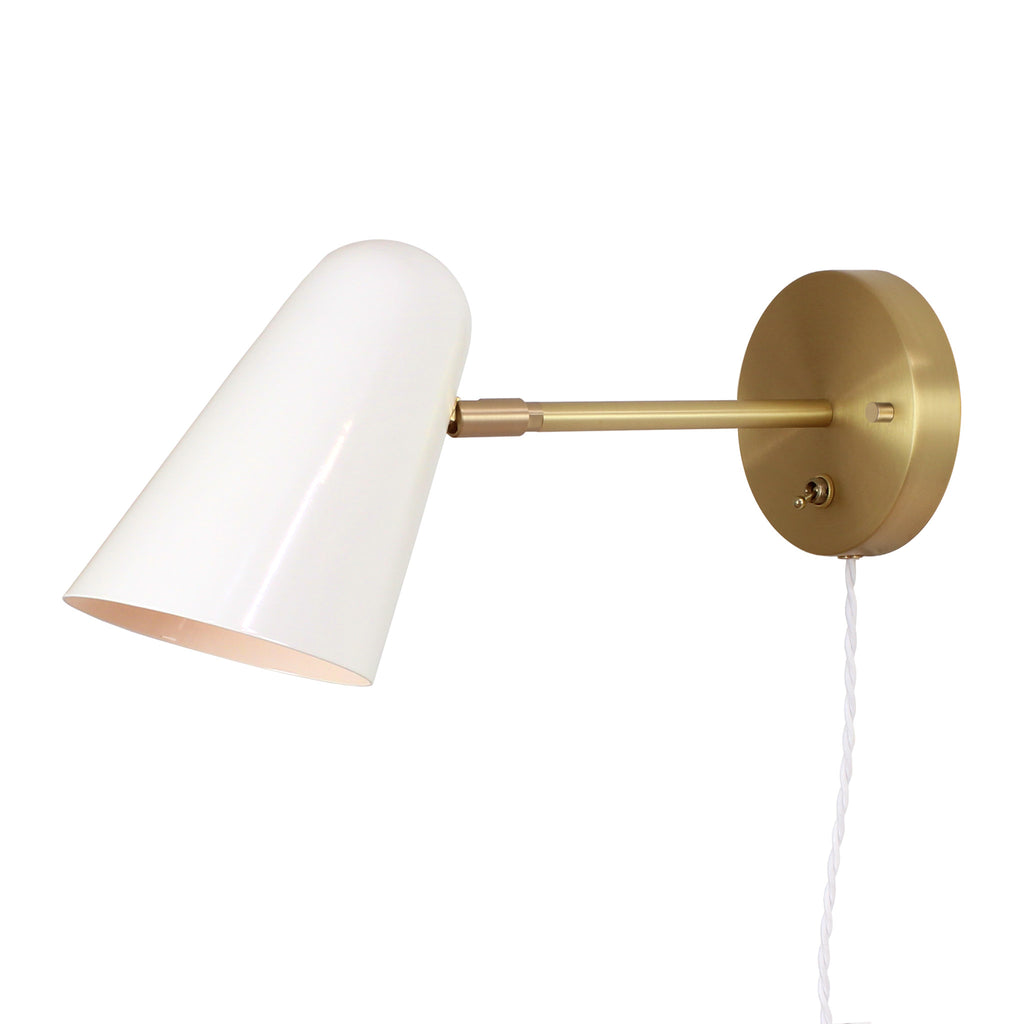 Wildwood shown in White with Brass canopy and arm, brass backplate switch, and white twisted cloth cord