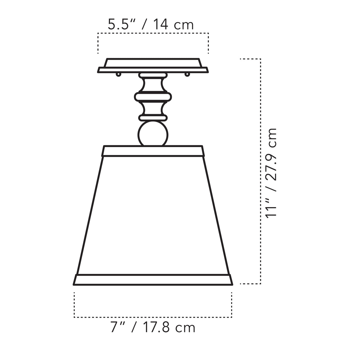 Cedar & Moss Yorkshire Surface with a 7" Empire shade drawing and dimensions