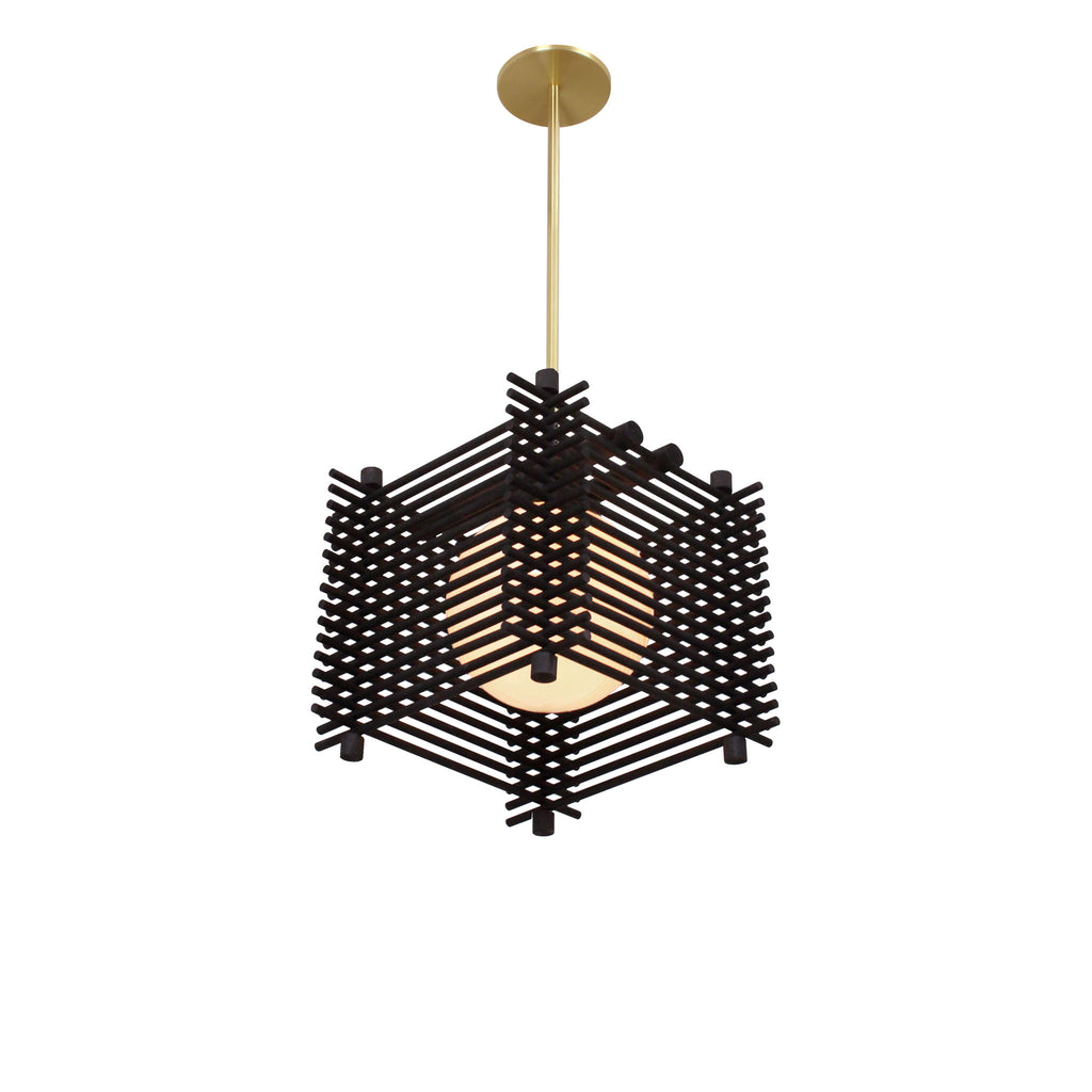 Yugen Pendant shown in Black Stained wood with Brass. 