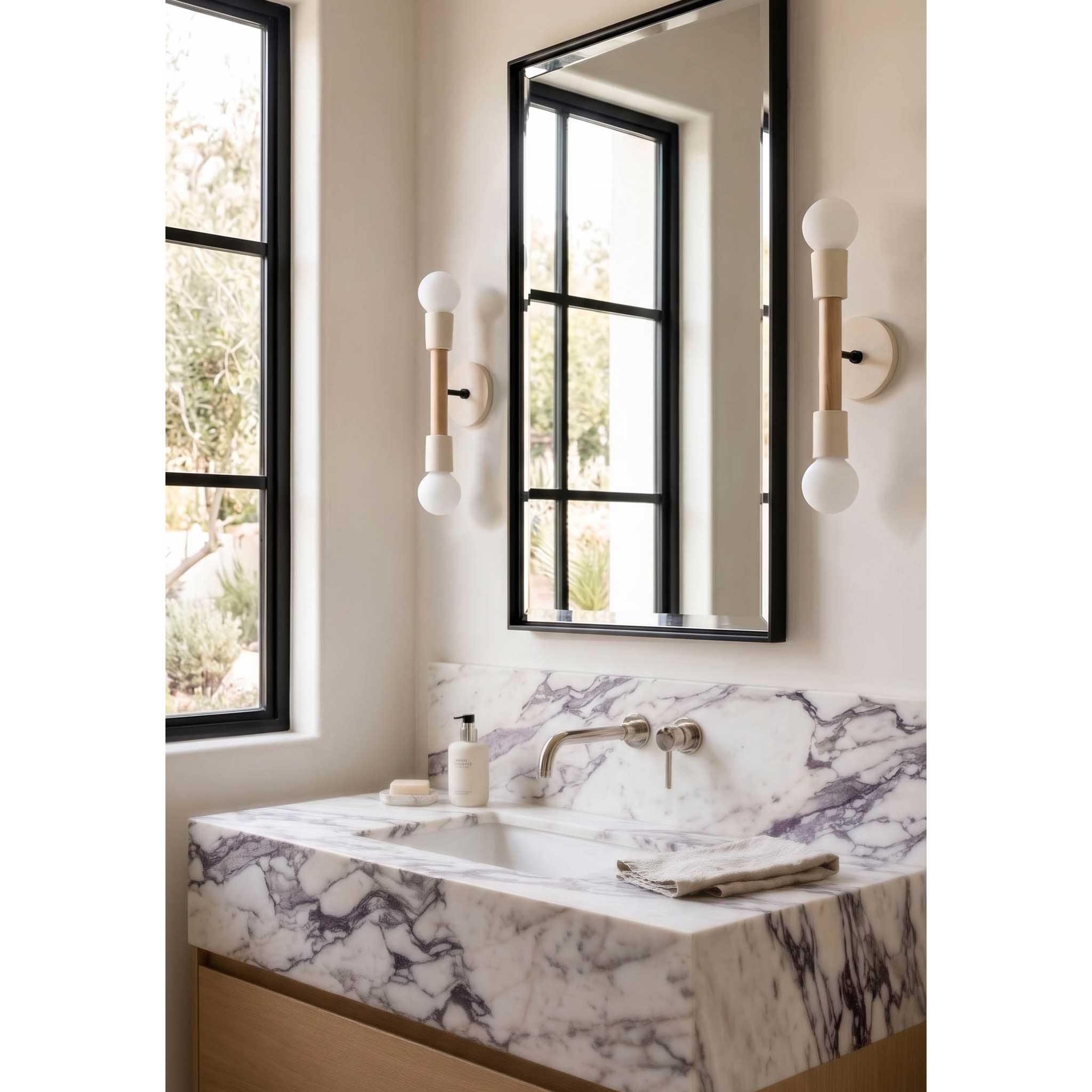 Bailey Sconces shown in Maple and Matte Black with Bone Ceramic Canopies