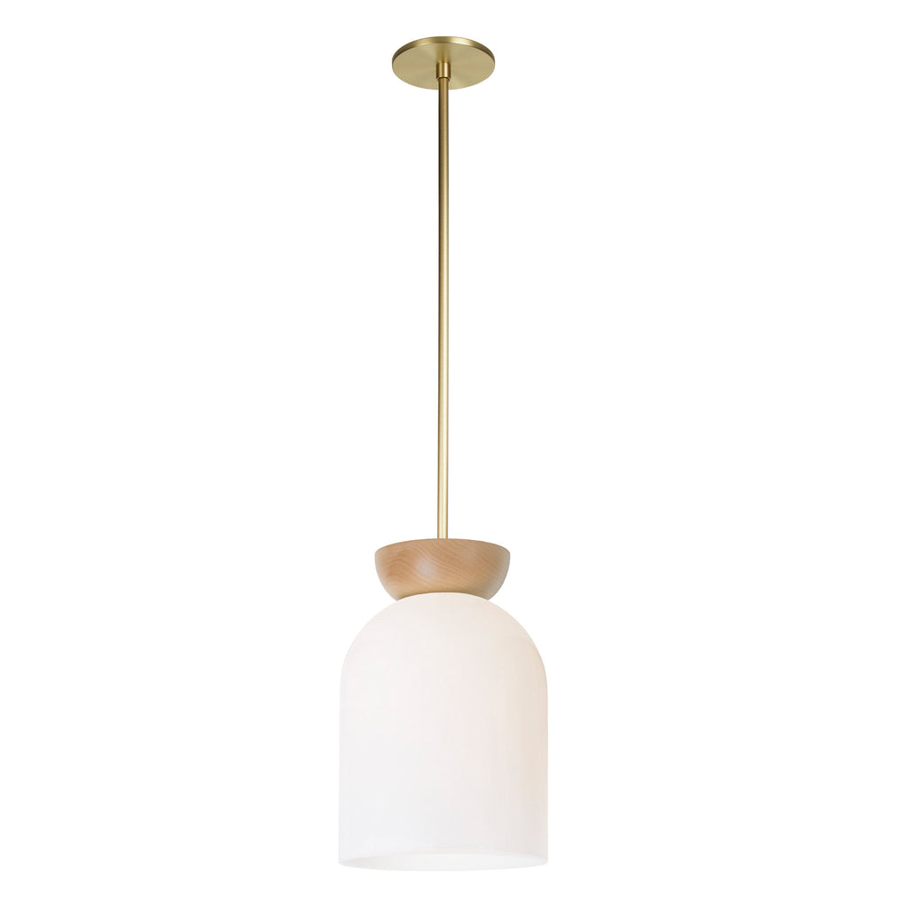 Colette Pendant shown in Opal Glass with Maple and Brass.