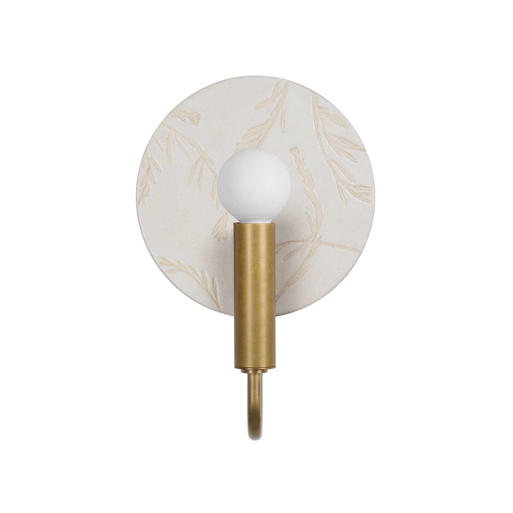 Edith ADA Sconce shown in Heirloom Brass with a Natural White Tanglewood Ceramic backplate