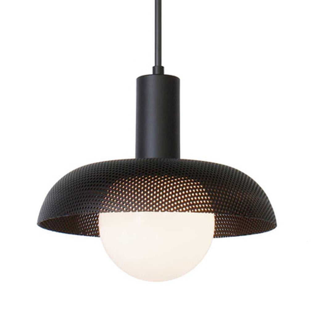  Lexi Large Pendant for Vaulted Ceiling shown with Matte Black Perforated Shade Finish and Matte Black Fixture Finish.