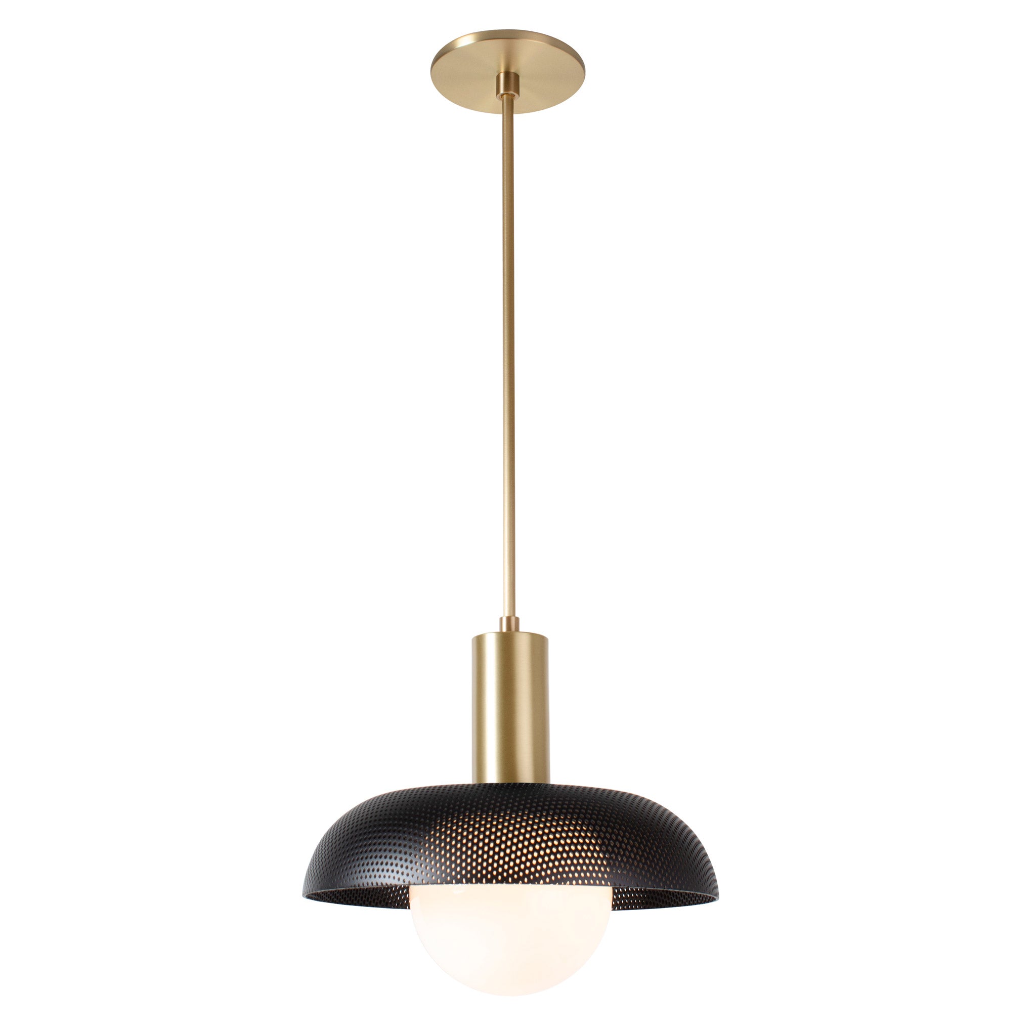 Lexi Large Pendant shown with Matte Black Perforated Shade Finish and Brass Fixture Finish