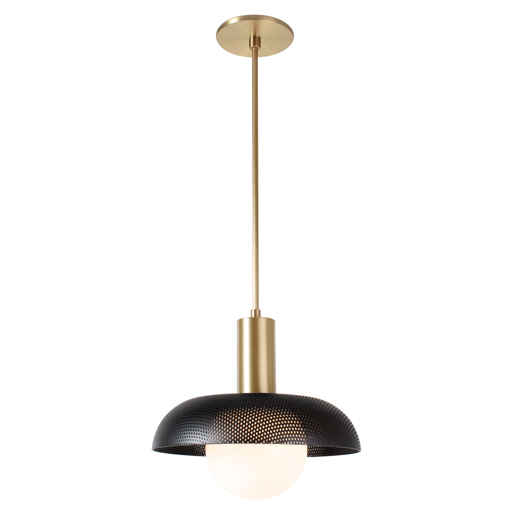 Lexi Large Pendant shown with Matte Black Perforated Shade Finish and Brass Fixture Finish.