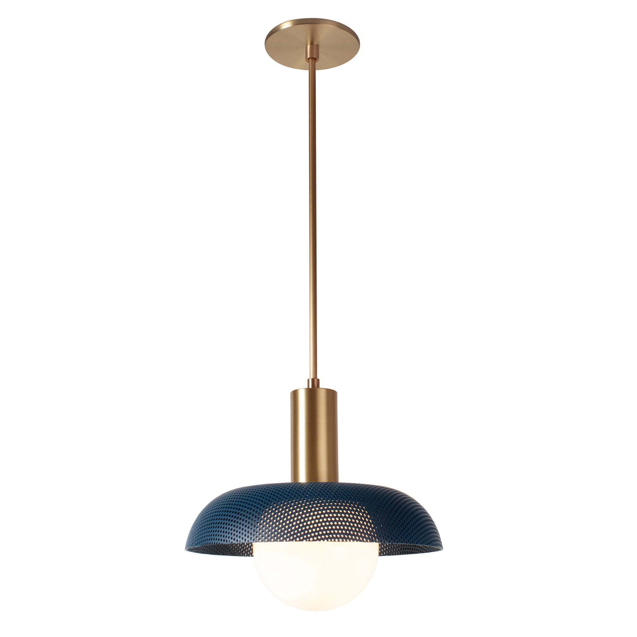 Lexi Large Pendant shown with Ocean Blue Perforated Shade Finish and Heirloom Brass Fixture Finish