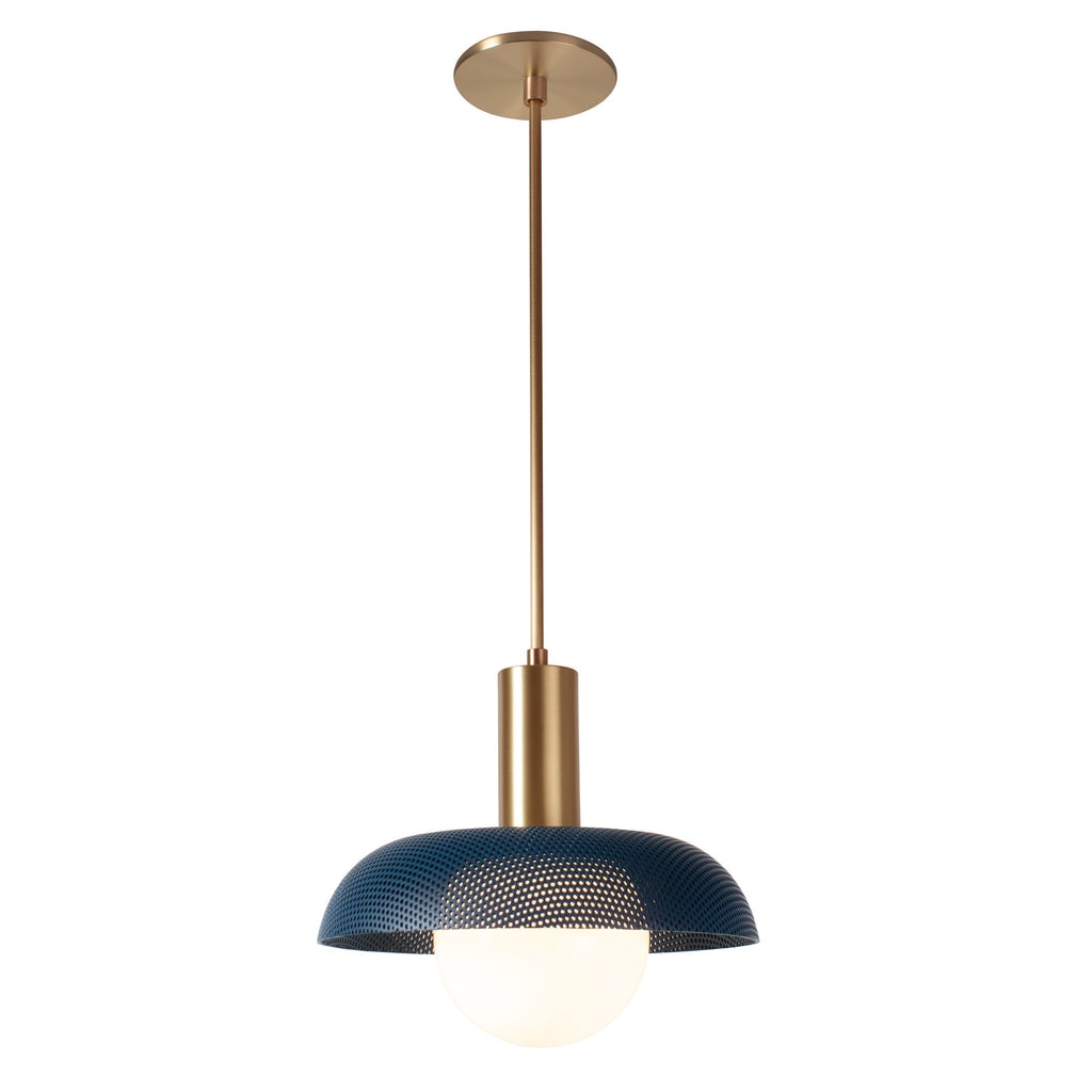 Lexi Large Pendant shown with Ocean Blue Perforated Shade Finish and Heirloom Brass Fixture Finish.