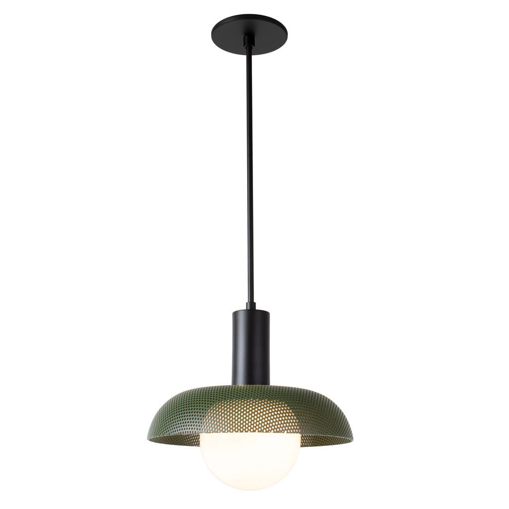 Lexi Large Pendant shown with Secret Garden Green Perforated Shade Finish and Matte Black Fixture Finish.
