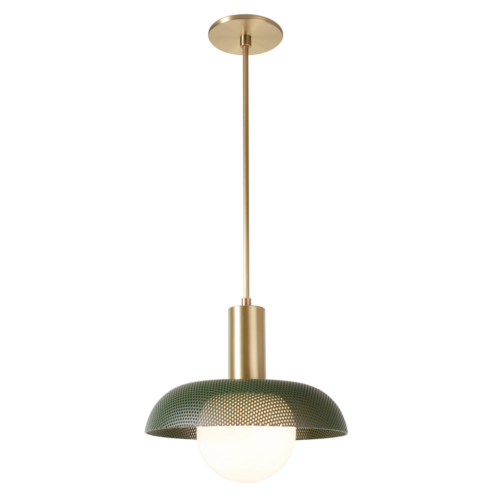 Lexi Large Pendant shown with Secret Garden Green Perforated Shade Finish and Brass Fixture Finish.