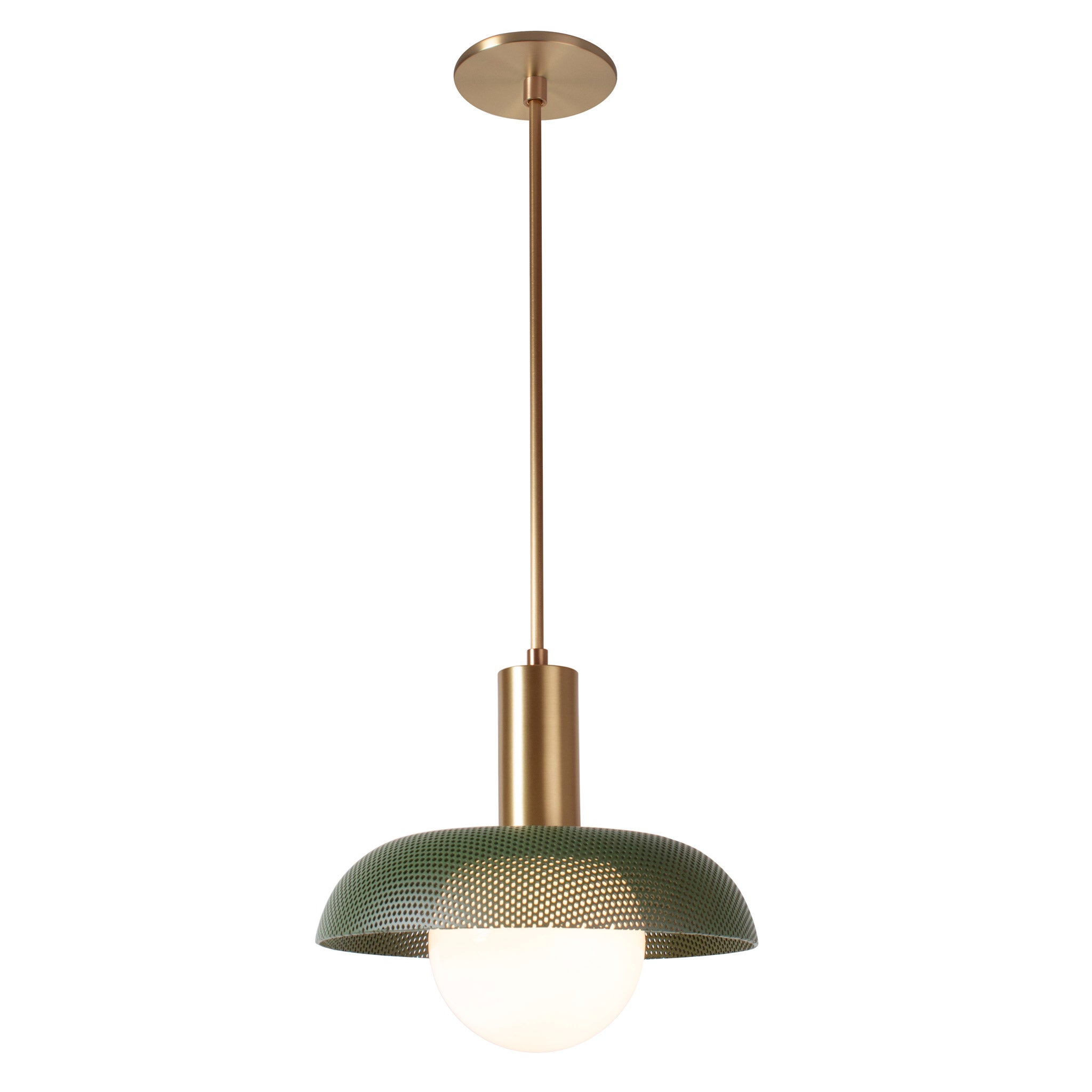 Lexi Large Pendant shown with Secret Garden Green Perforated Shade Finish and Heirloom Brass Fixture Finish