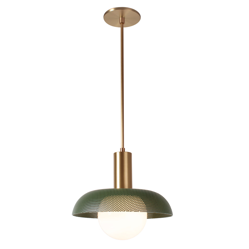Lexi Large Pendant shown with Secret Garden Green Perforated Shade Finish and Heirloom Brass Fixture Finish.