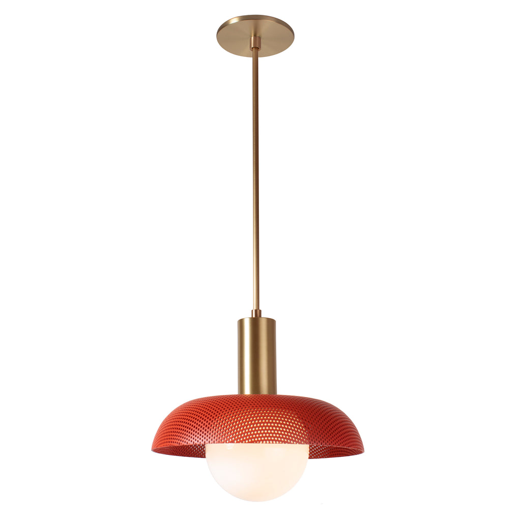 Lexi Large Pendant shown with Persimmon Perforated Shade Finish and Heirloom Brass aFixture Finish.