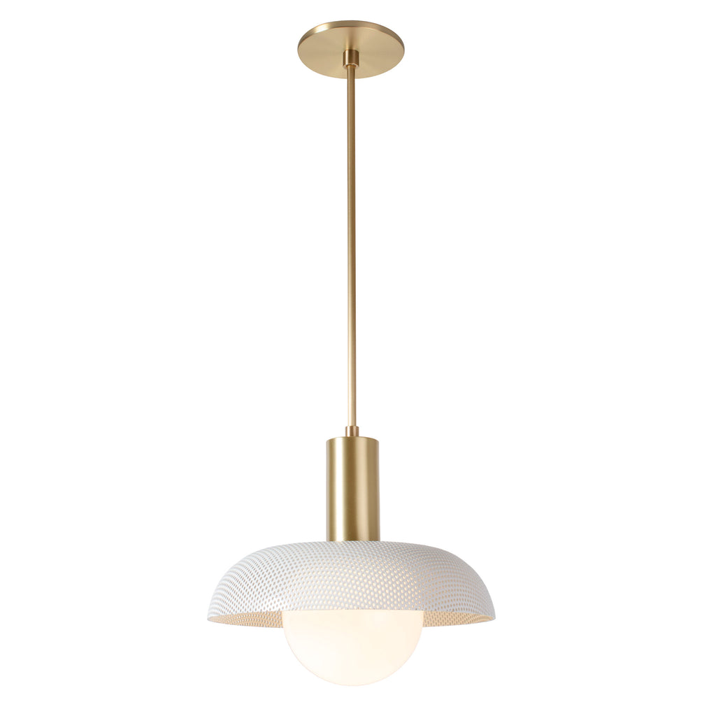 Lexi Large Pendant shown with White Perforated Shade Finish and Brass Fixture Finish.