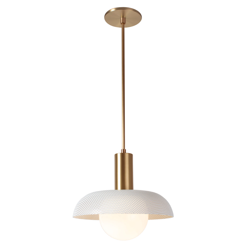 Lexi Large Pendant shown with White Perforated Shade Finish and Heirloom Brass Fixture Finish.