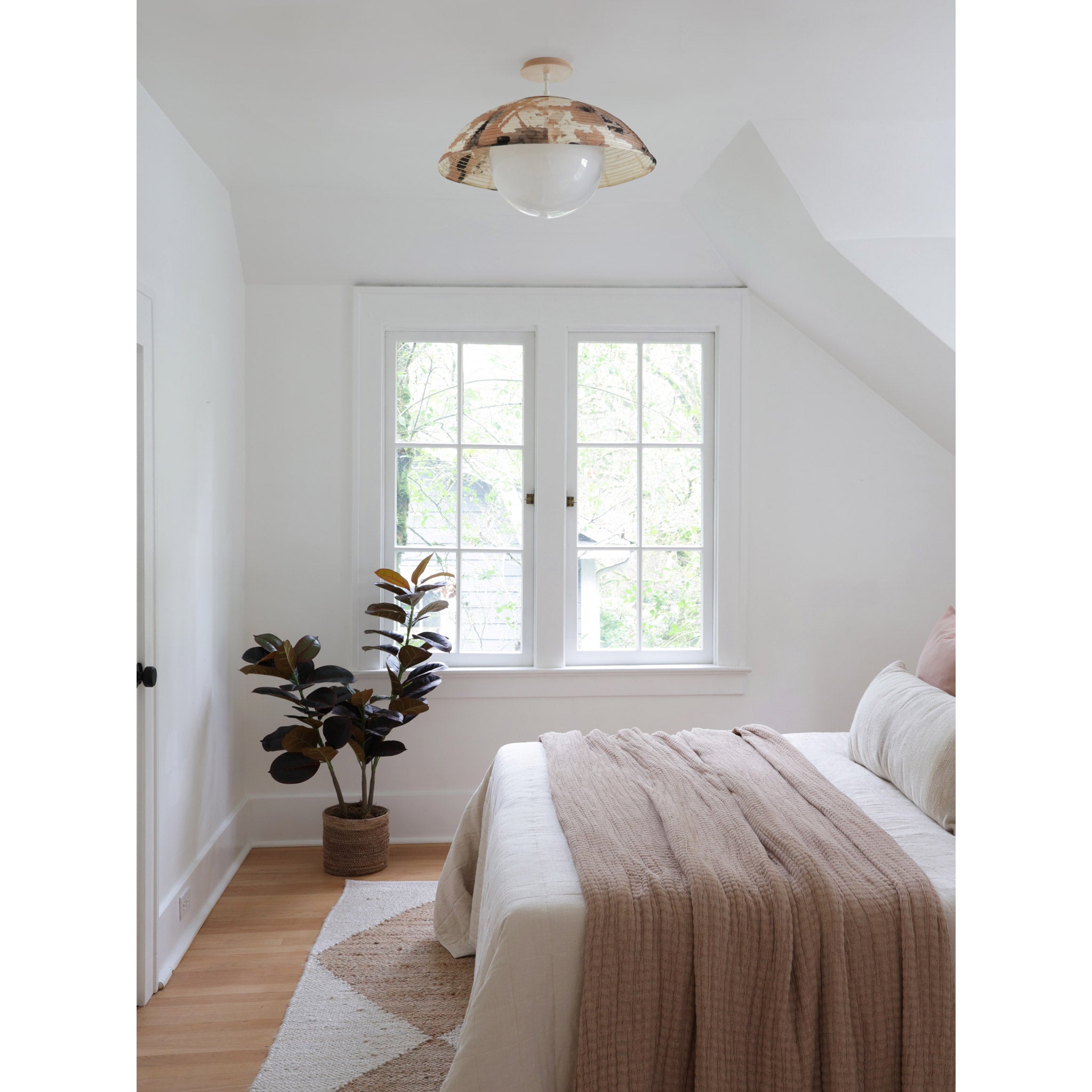 Maru Surface with a hand-painted chōchin washi shade shown in Kakishibu with White and a Maple Wood canopy, Interiors by Jica Interiors