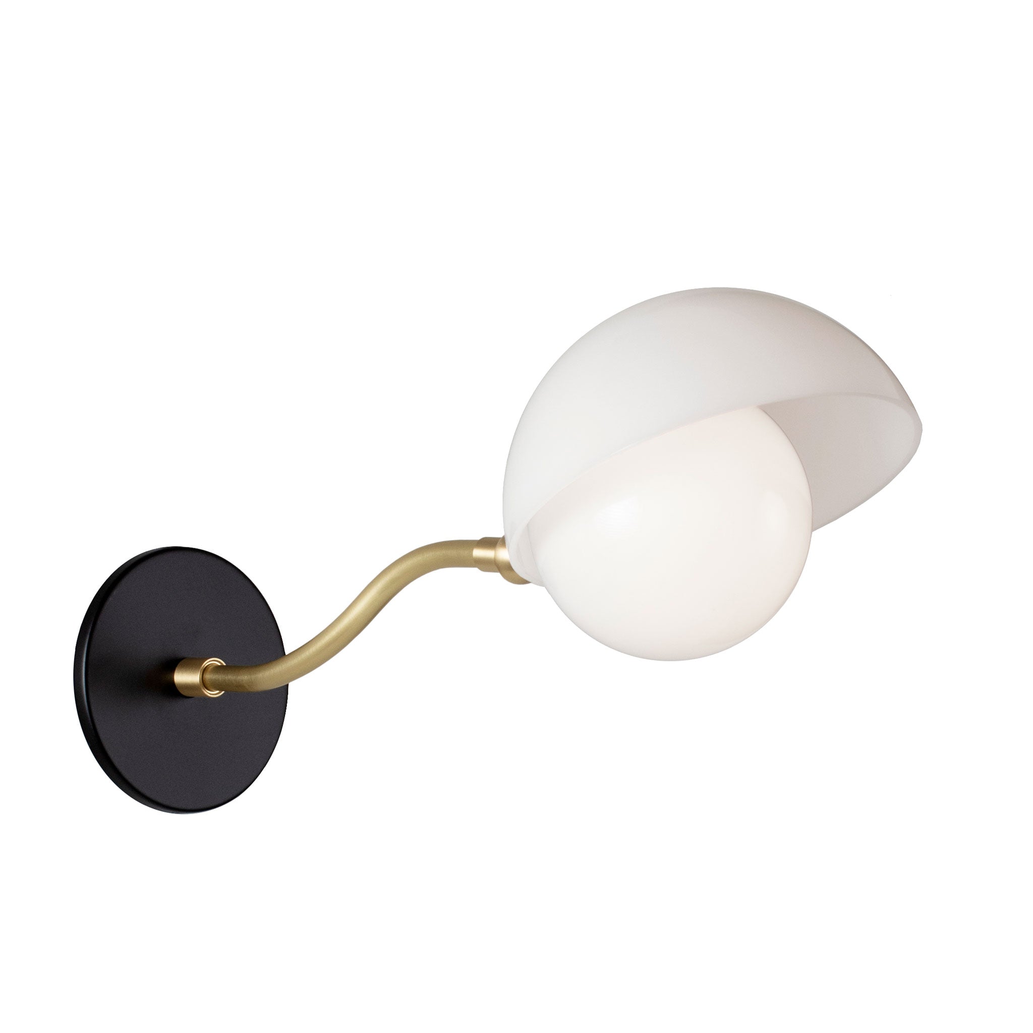 Noor Curve Sconce shown with a White Opal Acrylic Shade, Brass Arm and Matte Black Canopy.