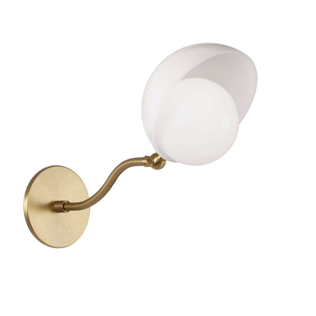 Noor Curve Sconce shown with a White Opal Acrylic Shade and Heirloom Brass Arm and Canopy.