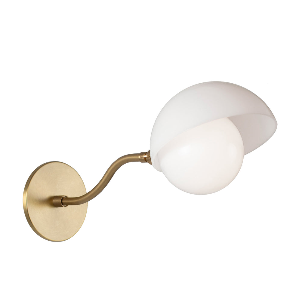 Noor Curve Sconce shown with a White Opal Acrylic Shade and Heirloom Brass Arm and Canopy.