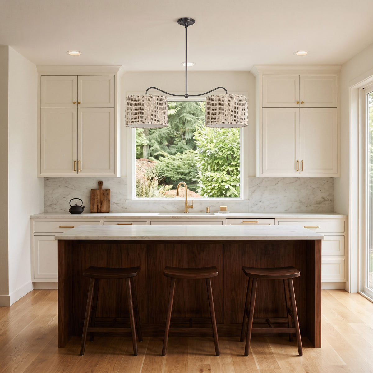 Oxford Grand Double Pendant shown in Graphite Patina with Aspen Coco Scallop 14" Shades