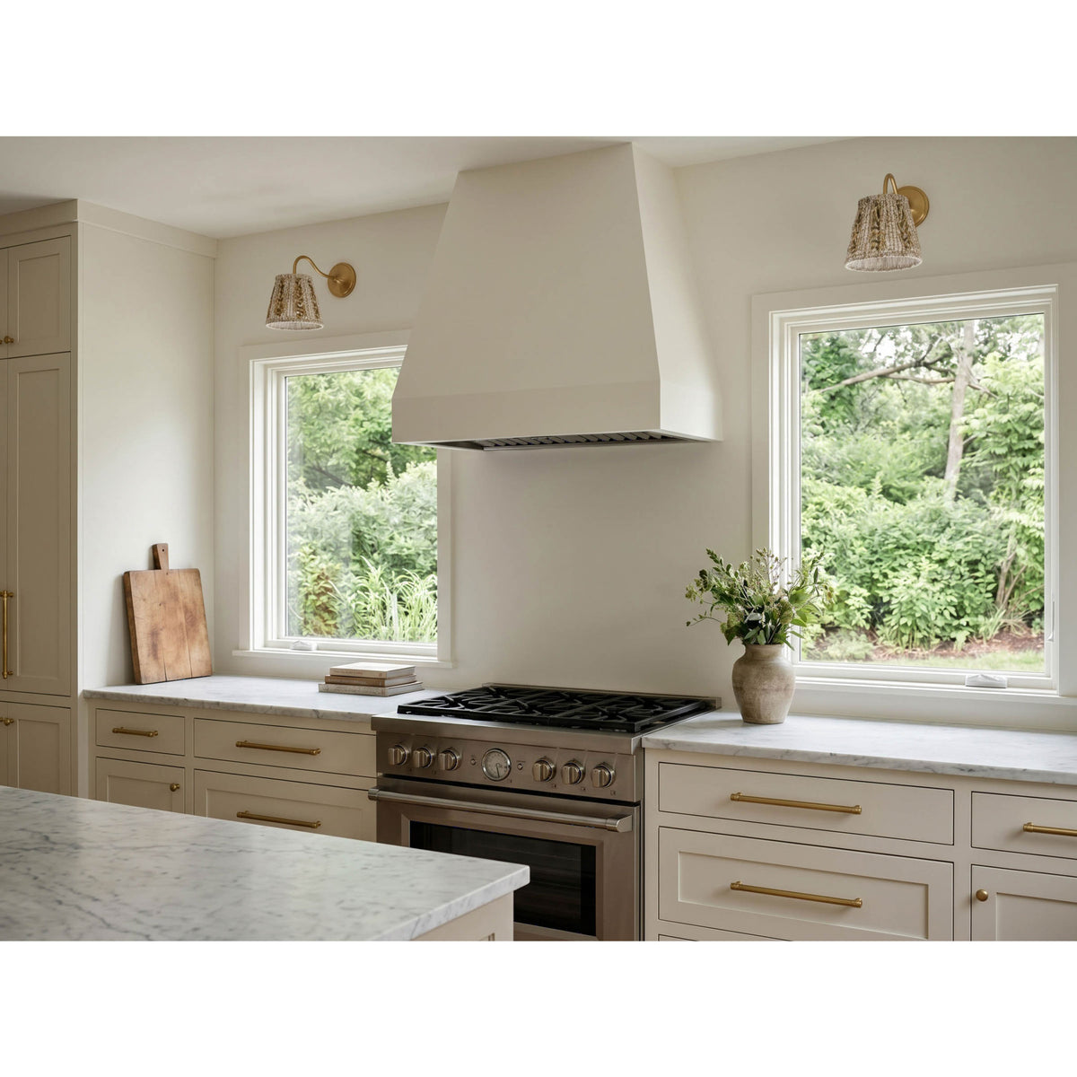 Oxford Petite Sconces shown in Heirloom Brass with a Winfleur Mustard Shades