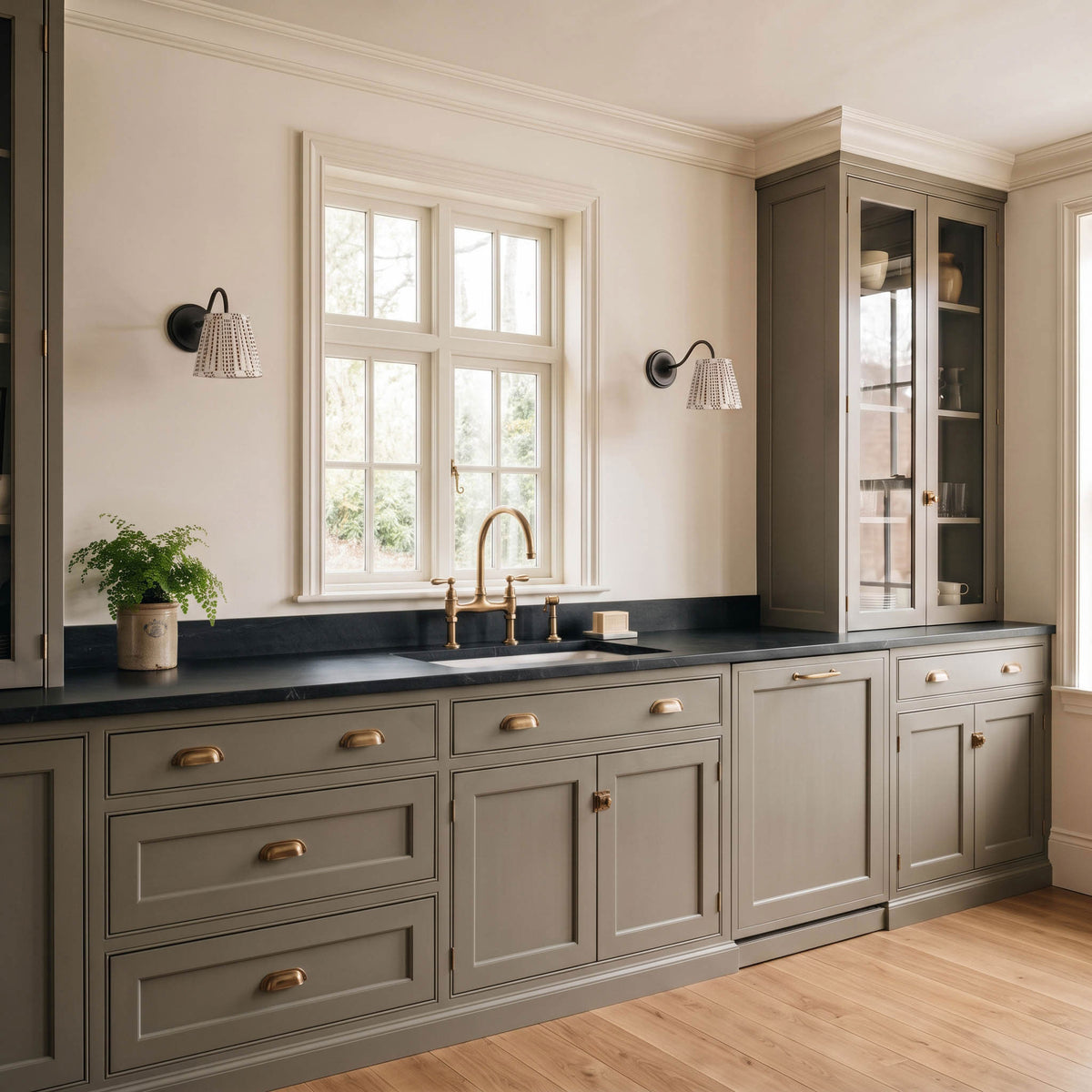 Oxford Petite Sconces shown in Graphite Patina with an Aspen Coco Shades