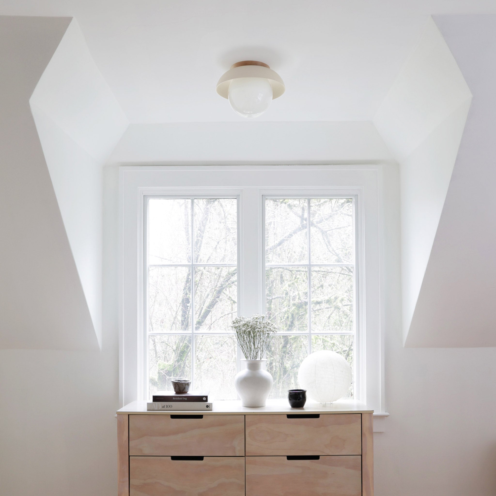 Terra Lexi Large 8" shown in Bone ceramic with a Maple wood canopy