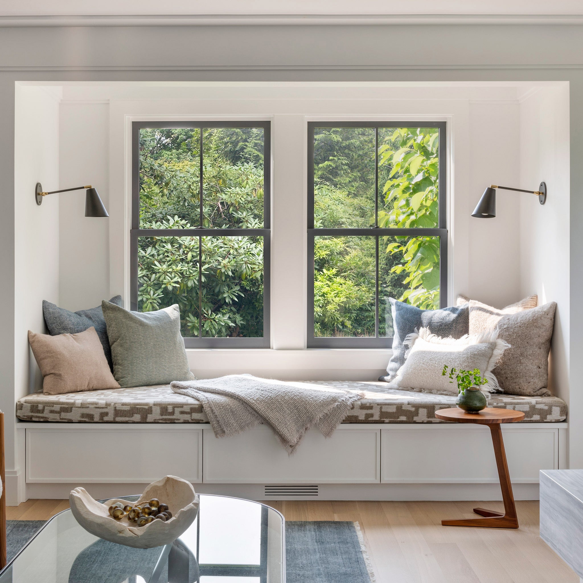 Tilt Cone Single Articulated in Matte Black with Brass Accents. Interior Design by Thread Interiors, Photography by Nat Rea