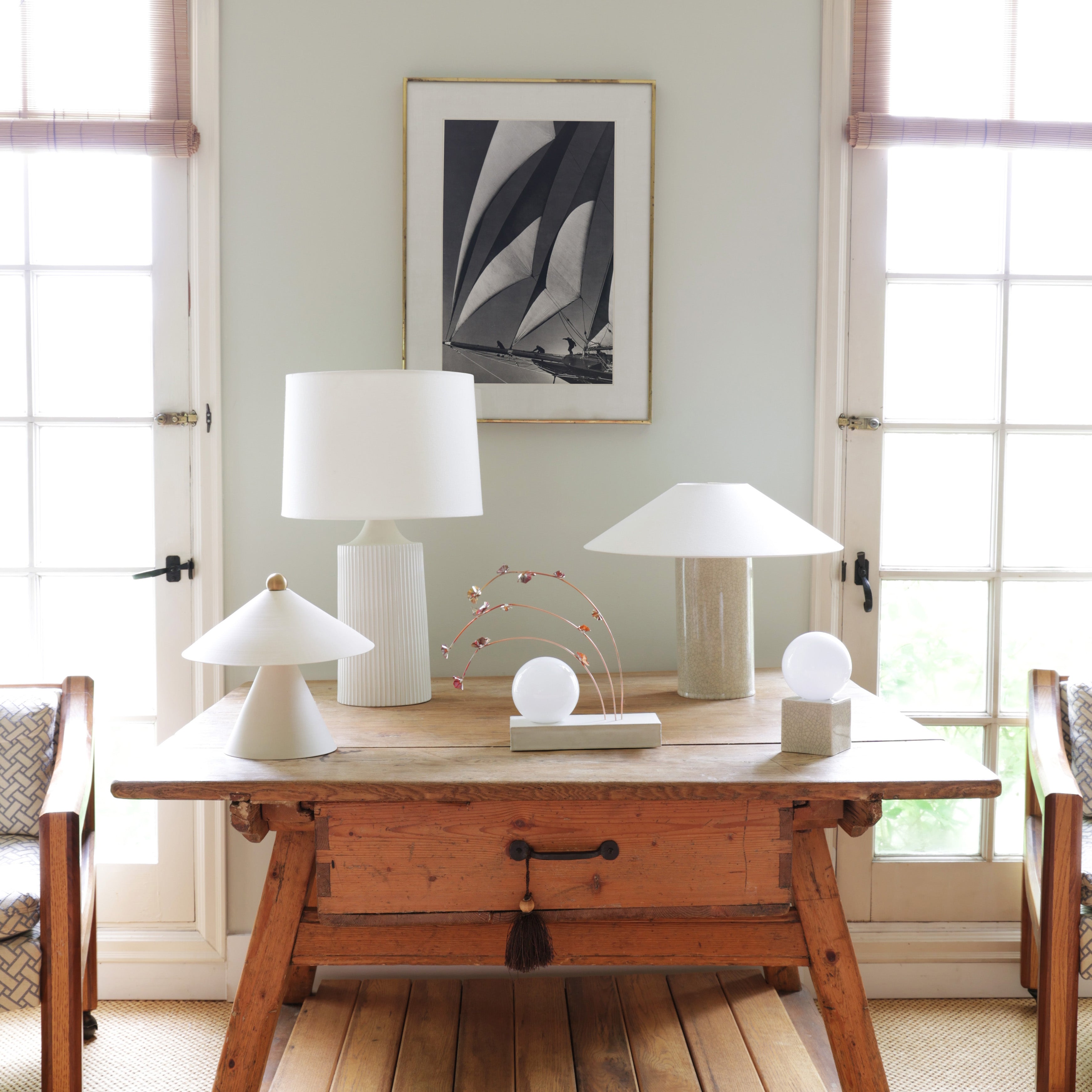 Little Meg Lamp shown in Gloss Crackle Glaze ceramic to the far right