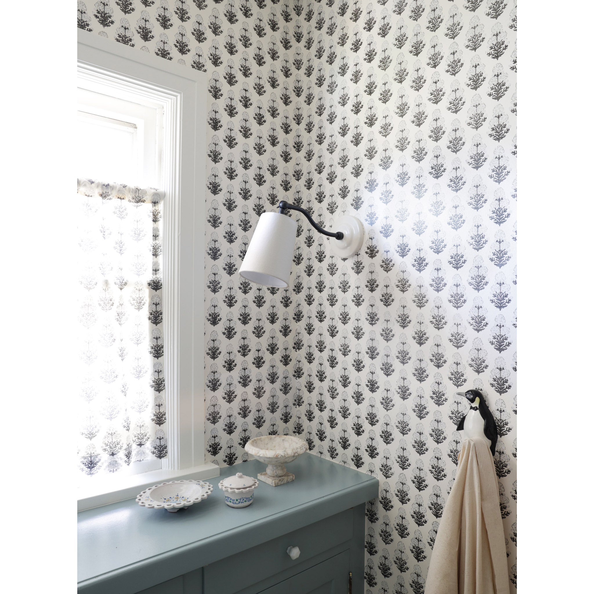 Grace Linen Sconce shown in Graphite Patina with a Gloss White Ceramic canopy shown with Marigold wallpaper and fabric from Filling Spaces 