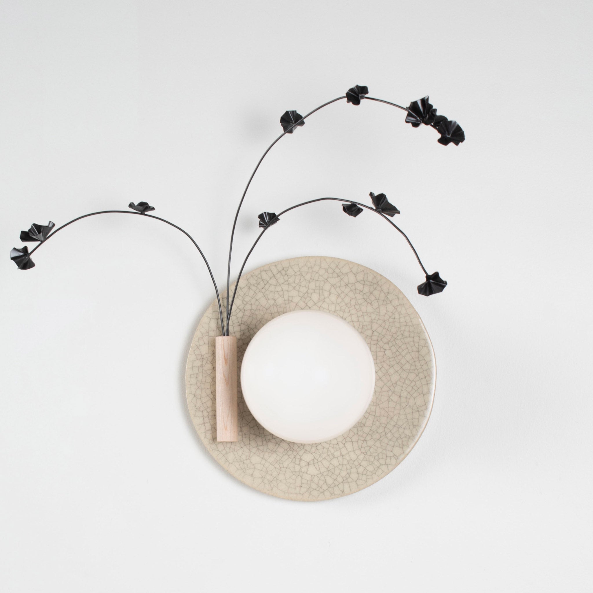 Ikebana Sconce shown in Gloss Crackle Glaze with Graphite Patina flower finish and Left mounted vase