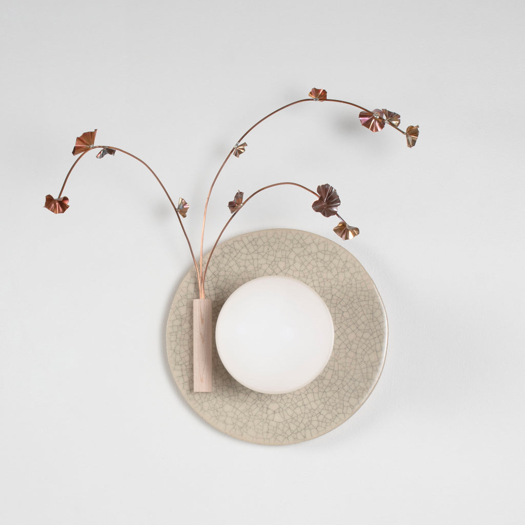 Ikebana Sconce shown in Gloss Crackle Glaze with Copper flower finish and Left mounted vase.