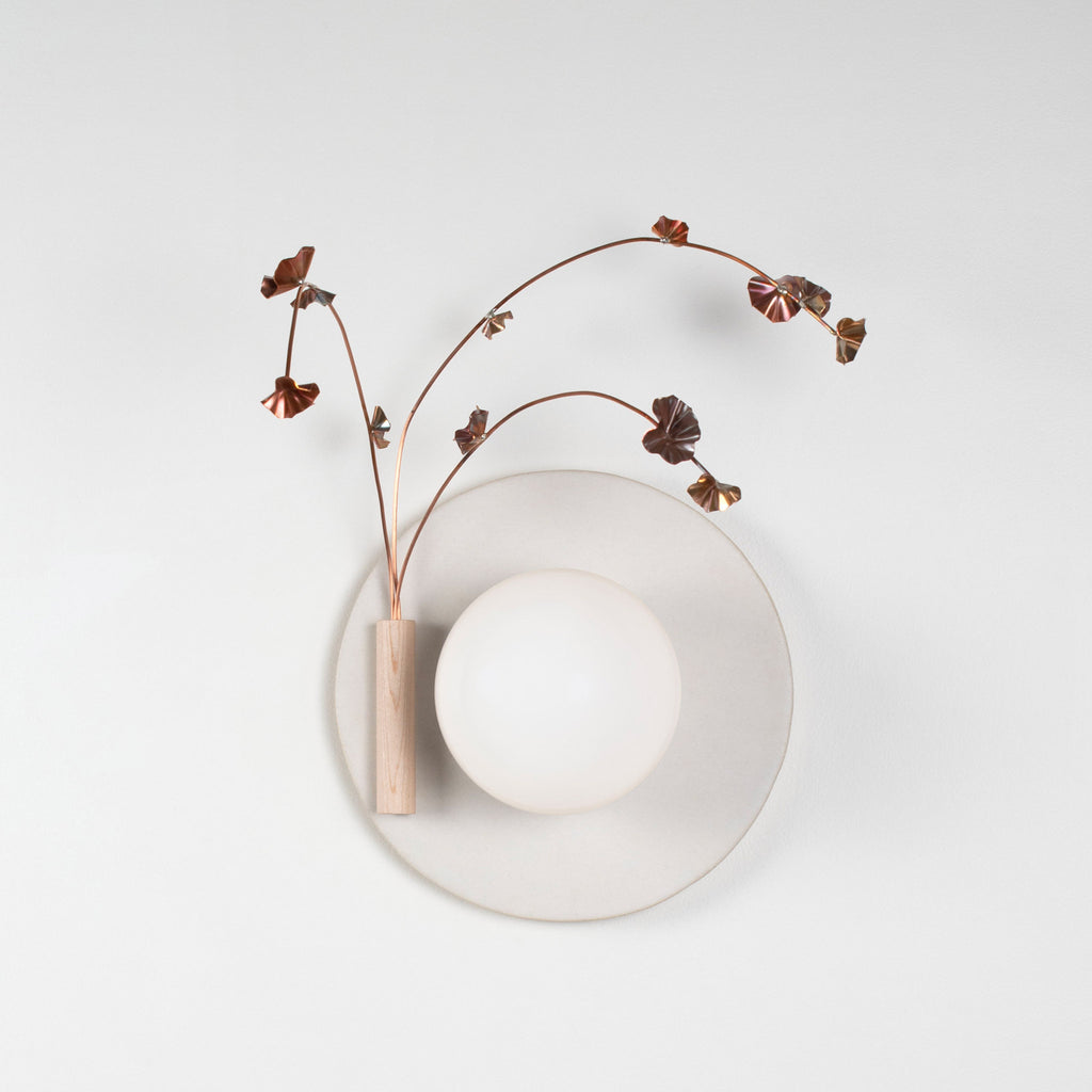 Ikebana Sconce shown in Natural White Glaze with Copper flower finish and Left mounted vase.