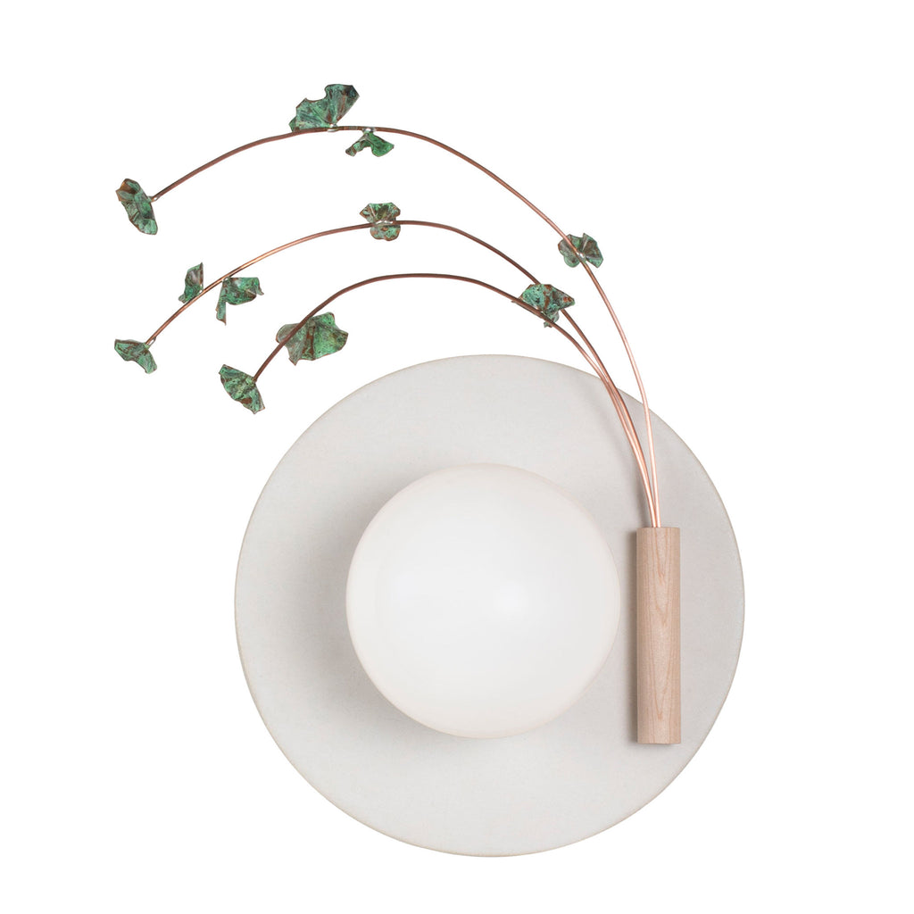 Ikebana Sconce shown in Natural White Glaze with Verdigris flower finish and Right mounted vase.