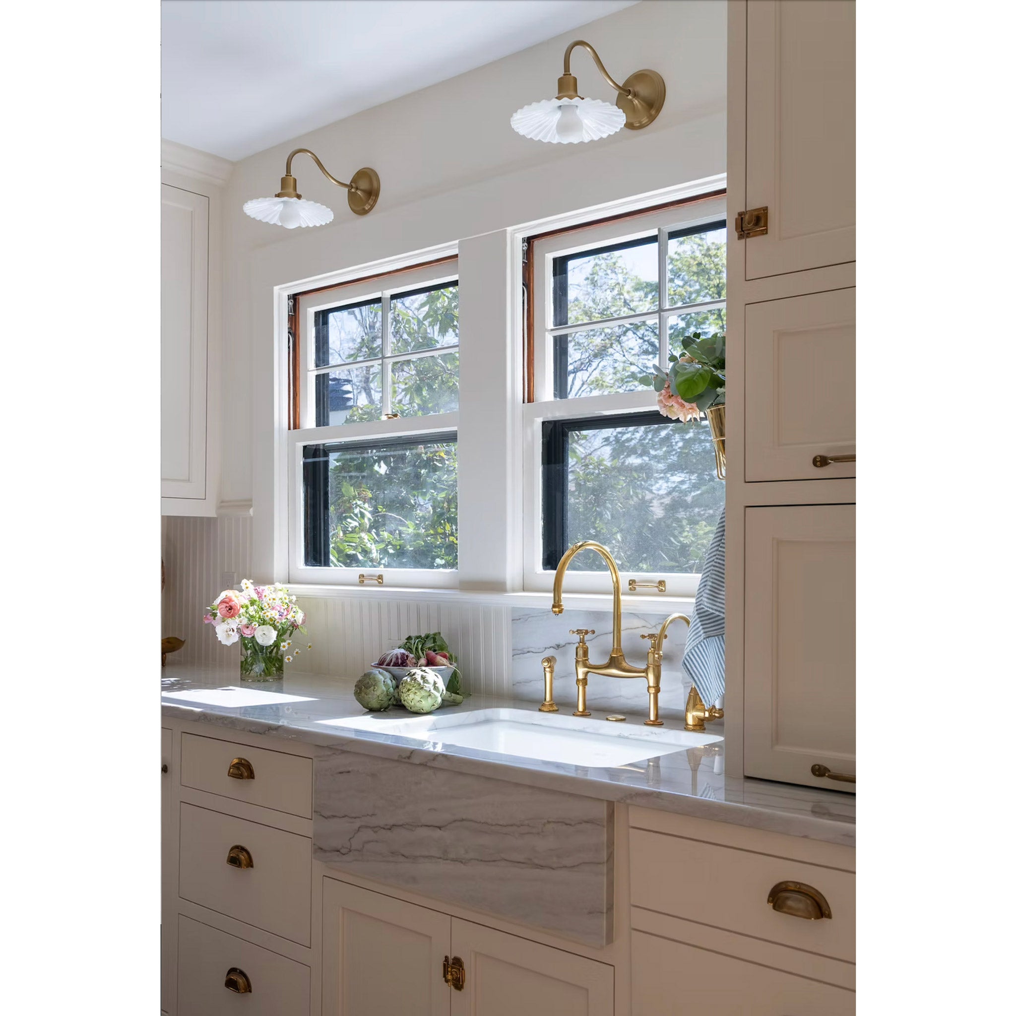 Marjorie Petite Sconces shown in Heirloom Brass, Interior Design by Wise Design 