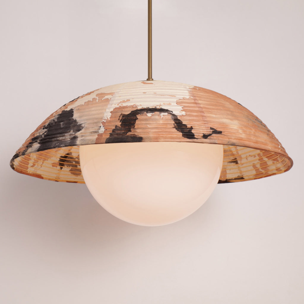 Maru Pendant with a hand-painted chōchin washi shade shown in Kakishibu with Heirloom Brass 