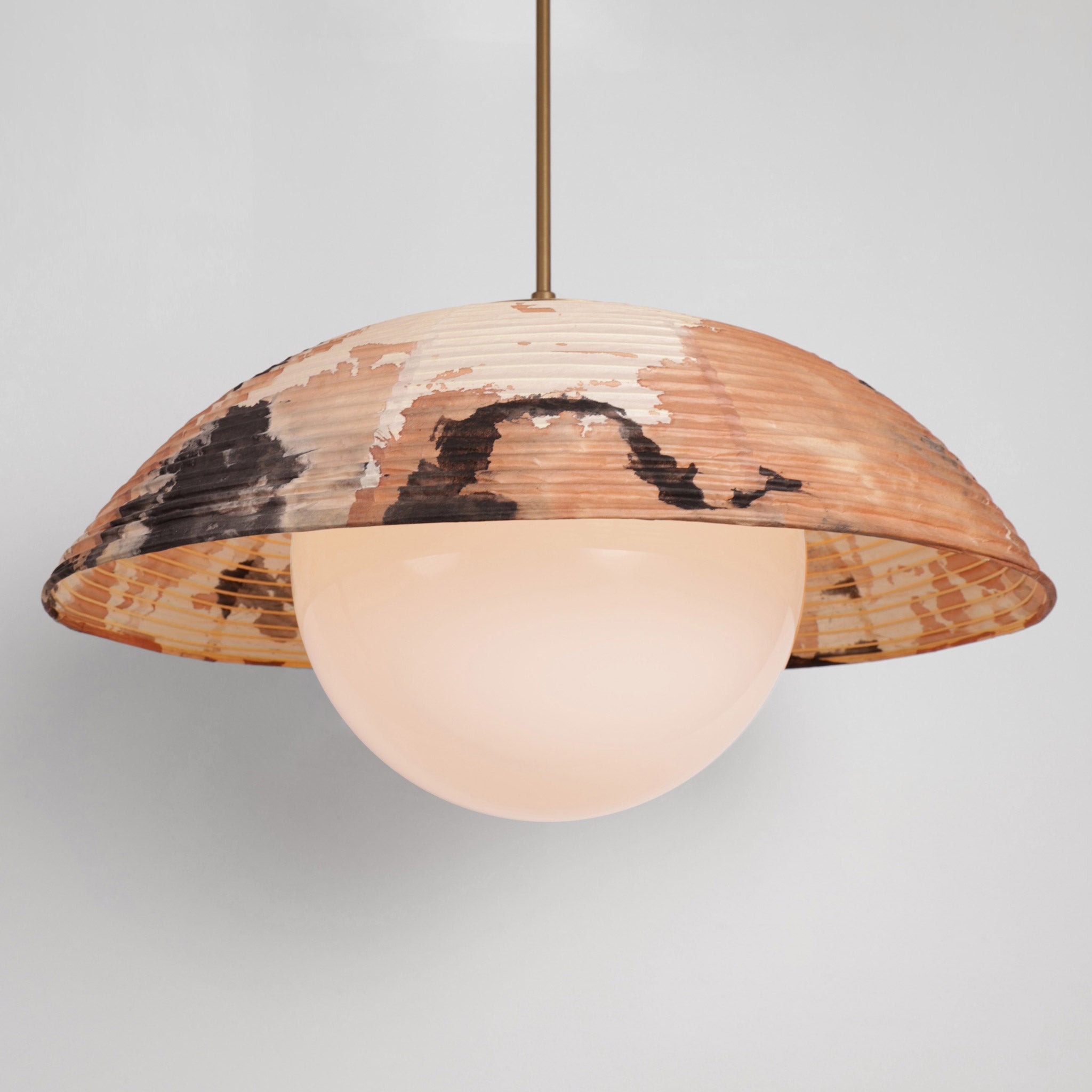 Maru Pendant with a hand-painted chōchin washi shade shown in Kakishibu with Heirloom Brass 