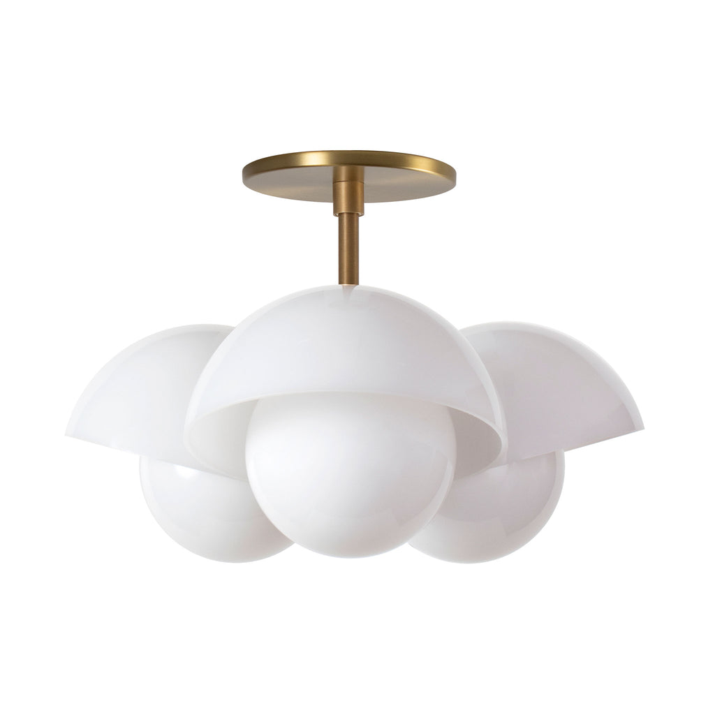 Noor 3 Surface shown in Heirloom Brass with White Opal Acrylic Shades.