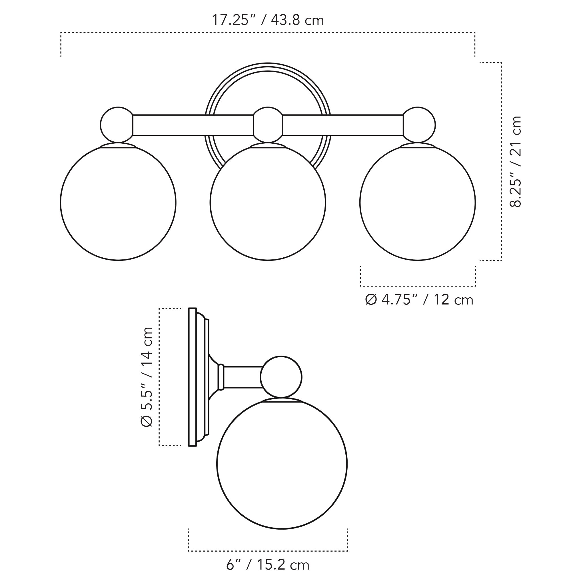 A Technical Drawing Of The Eleanor Triple Glass Globe Wall Sconce
