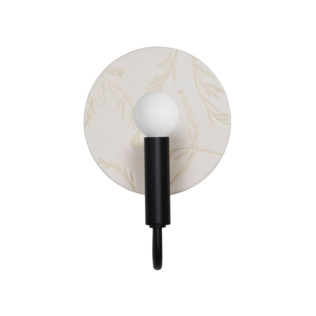 Edith ADA Sconce shown in Matte Black with a Natural White Tanglewood Ceramic backplate