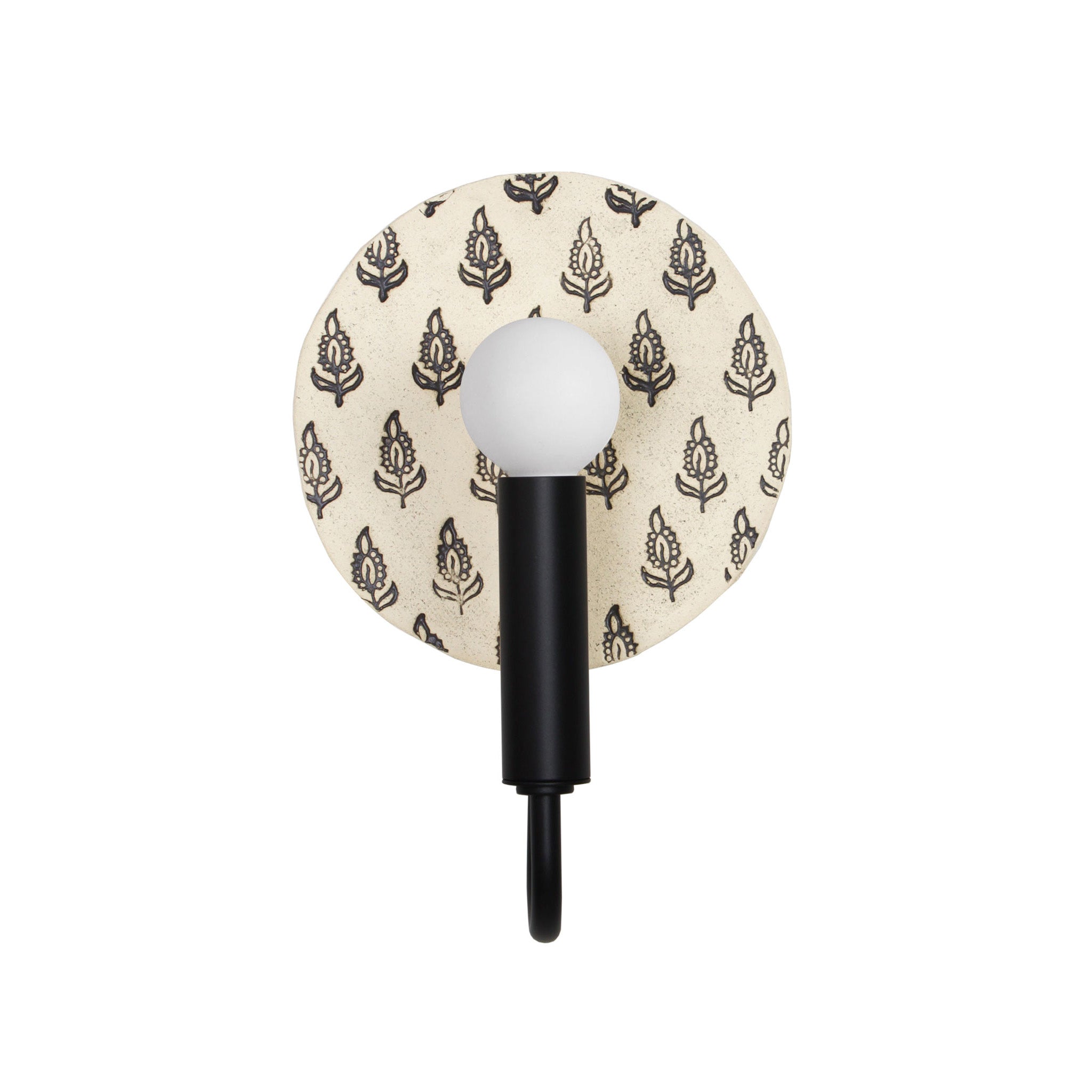 Edith ADA Sconce shown in Matte Black with Black and Cream Floral Ceramic